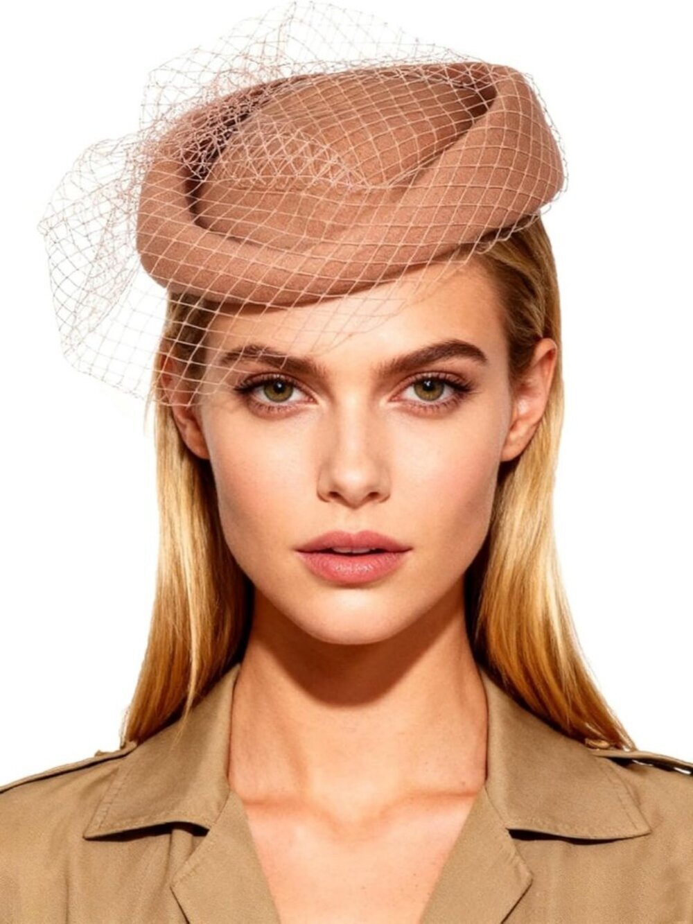 Women's Elegant Church Fedoras Wool Felt Vintage Beret Wedding Veil Cap Khaki
